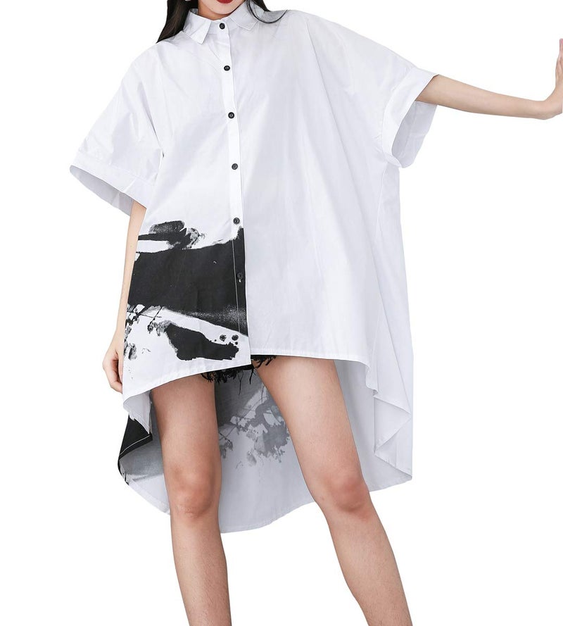 ellazhu Women's Oversized Button Down Shirt Dresses Batwing Sleeves High Low Top for Summer GY1827 White - Image 1